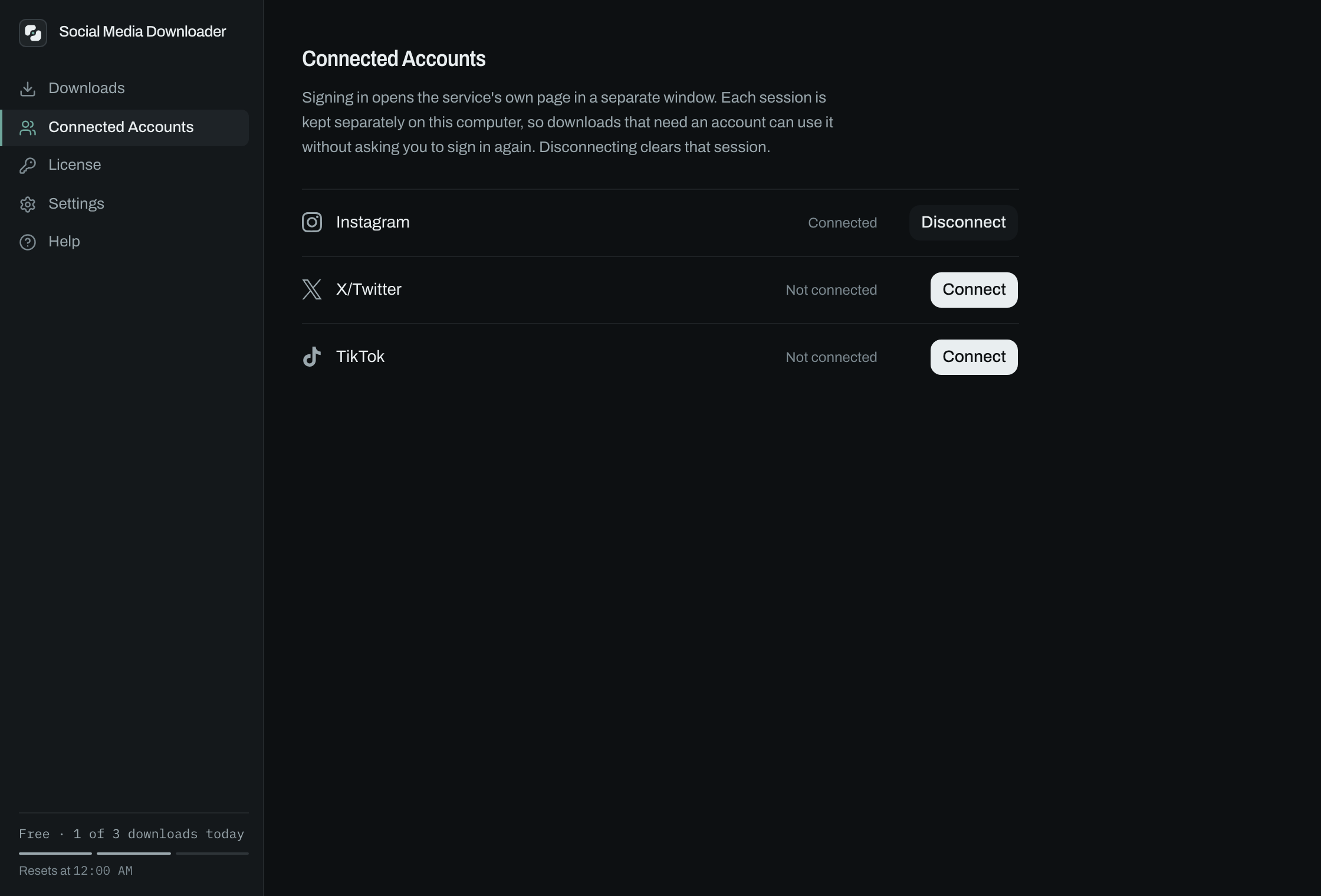 Connected Accounts screen: Instagram connected with a Disconnect button, X/Twitter and TikTok not connected