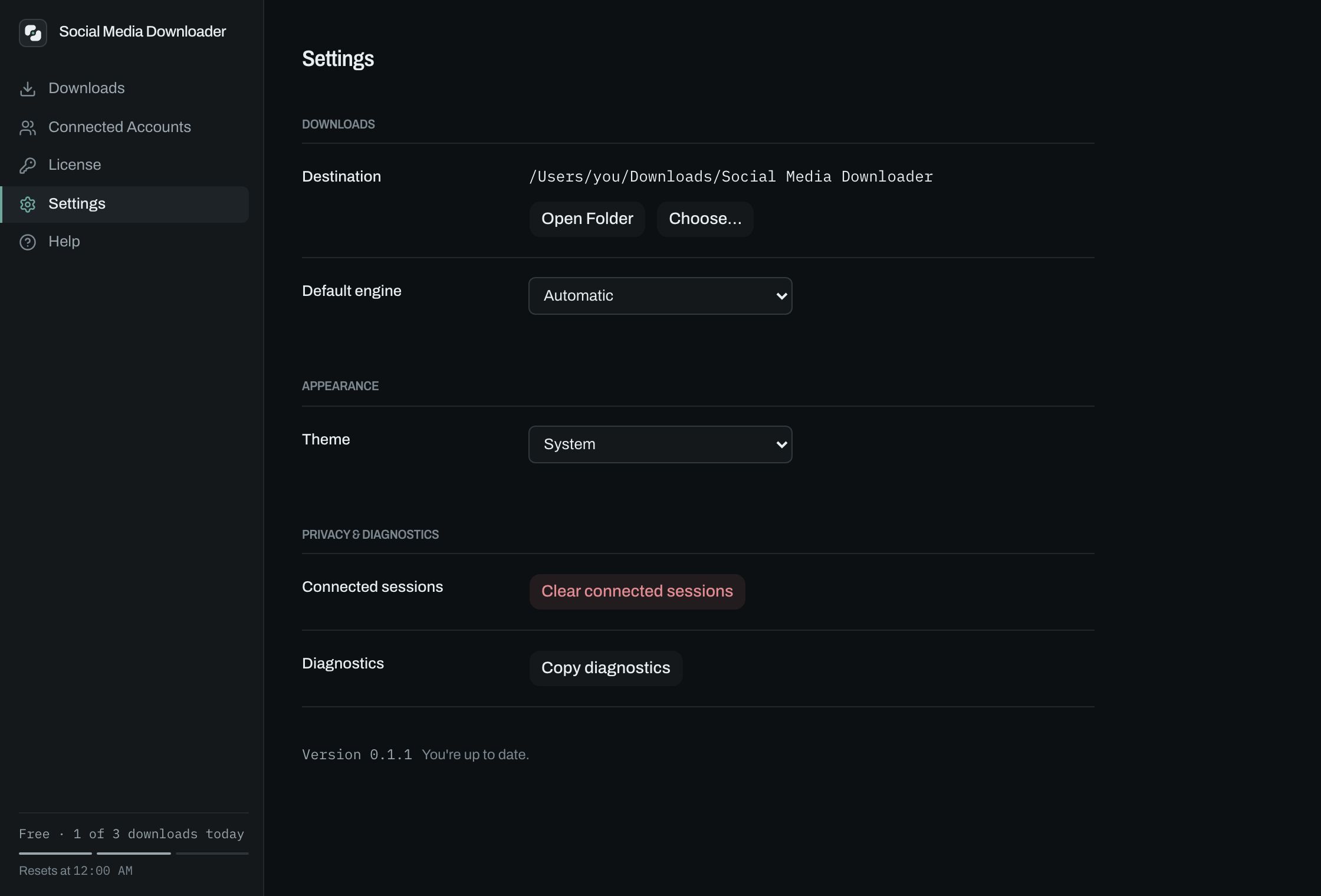 Settings screen showing the download destination path with Open Folder and Choose buttons